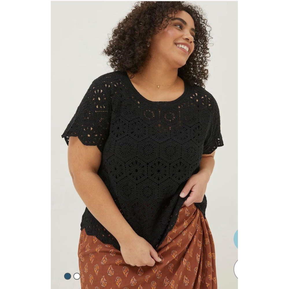Fat‎ Face Black Crochet Carrie Top Women 14 Cotton Open Knit Floral